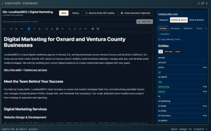 PirateSERP Content Editor with the entities and terms panel beside a draft