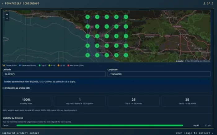 PirateSERP GeoPin Generator showing local rankings at 25 points on a map