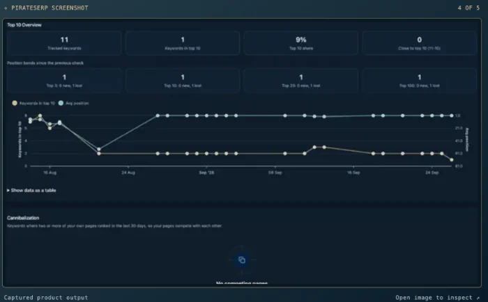 PirateSERP Rank Tracker chart of keywords in the top 10 and average position