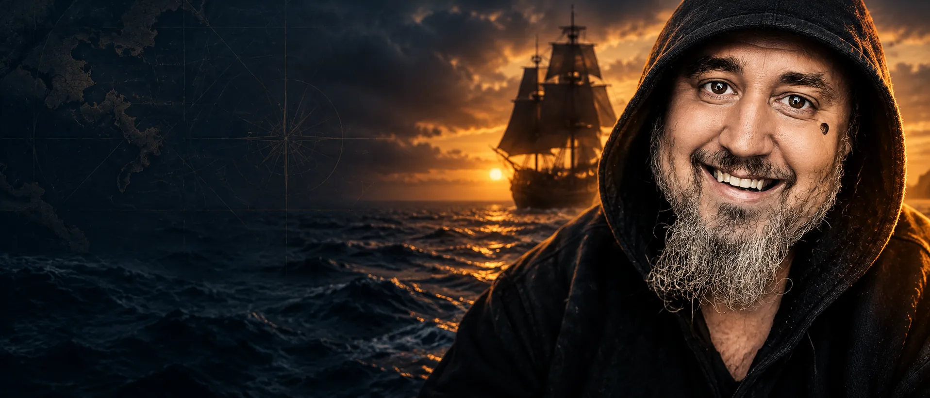 Casey Keith smiling in a dark hoodie in front of a pirate ship at sunset